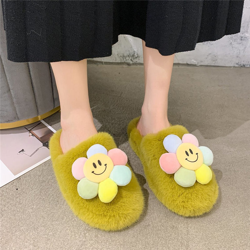 Sun flower Slippers Women Slippers Furry Fluffy Flat Shoes Winter Home Slippers Fashion Comfortable Slip Lazy Thick Fur Slides