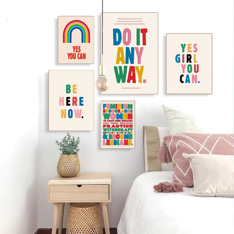 Yes Girl You Can Motivational Quote Canvas Painting Rainbow Prints Poster Kids Positive Pride Colorful Wall Art Office Decor