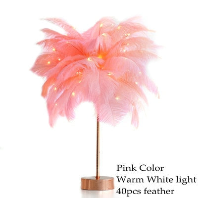 DIY Creative Feather Table Lamp Warm White Light Tree Feather Lampshade Girl LED Wedding Decorative Lights Pink White Birthday