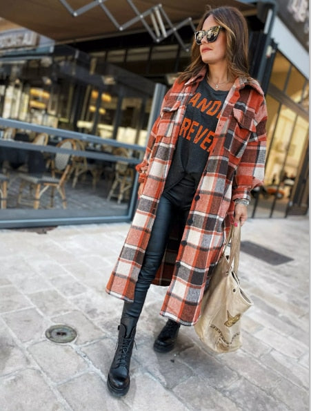 Women's Fashion Long Plaid Coat Autumn Shirt Coat Woolen Coat Streetwear Women Clothing Loose Coat Female Casual Jacket