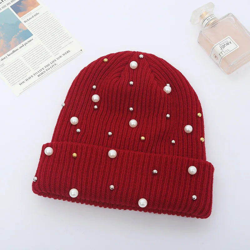 Winter Knitted Beanie Women Fashion Rhinestone Pearls Knitting Hats Ladies Casual Skullies Cap Female Solid Color Casual Bone