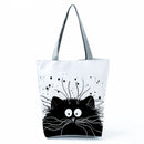 New Lady Tote Bags Black White Cute Cat Printed Fabric Eco Handbag High Capacity Shopping Office Reusable Casual Shoulder Bag