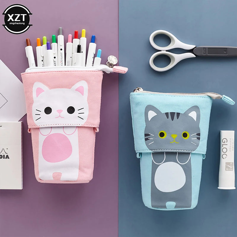 Canvas Cartoon Cute Pencil Bag Retractable Fabric Pencil Case Fold Standing Holder Kawaii Stationery School Supplies Kids Gift