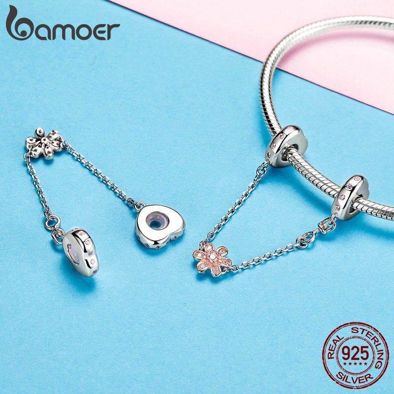 BAMOER Genuine 925 Sterling Silver Love Heart & Flower Safety Chain Stopper Charms fit Pendants  Necklaces DIY Jewelry SCC1113