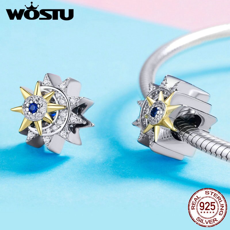 WOSTU 100% 925 Sterling Silver Sun &amp; Moon Charms Clear Zircon Bead Fit Original Bracelet Bangle Pendant Jewelry Making CQC1137