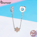 BAMOER Genuine 925 Sterling Silver Love Heart & Flower Safety Chain Stopper Charms fit Pendants  Necklaces DIY Jewelry SCC1113