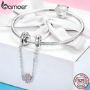 BAMOER Genuine 925 Sterling Silver Love Heart & Flower Safety Chain Stopper Charms fit Pendants  Necklaces DIY Jewelry SCC1113