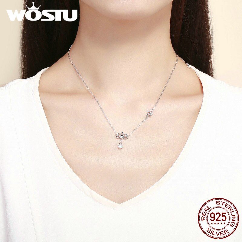WOSTU Genuine 100% 925 Sterling Silver Lotus Flower Pendant Necklaces For Women Elegant Luxury Original Jewelry Best Gift CTN012