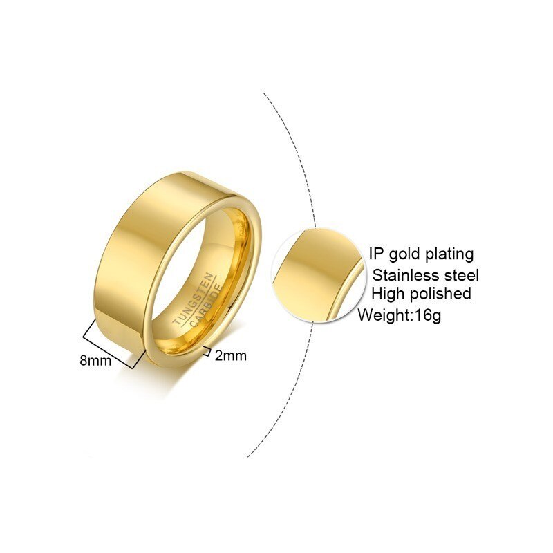 Vnox Basic Tungsten Carbide Rings for Men 8MM High Polished Gold Color Male Anel Alliance Anniversary Gifts