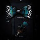 JEMYGINS Original Design Natural Brid Feather Exquisite Hand Made Bow Tie Brooch Pin Gift Box Set For Men Wedding Party Bowtie