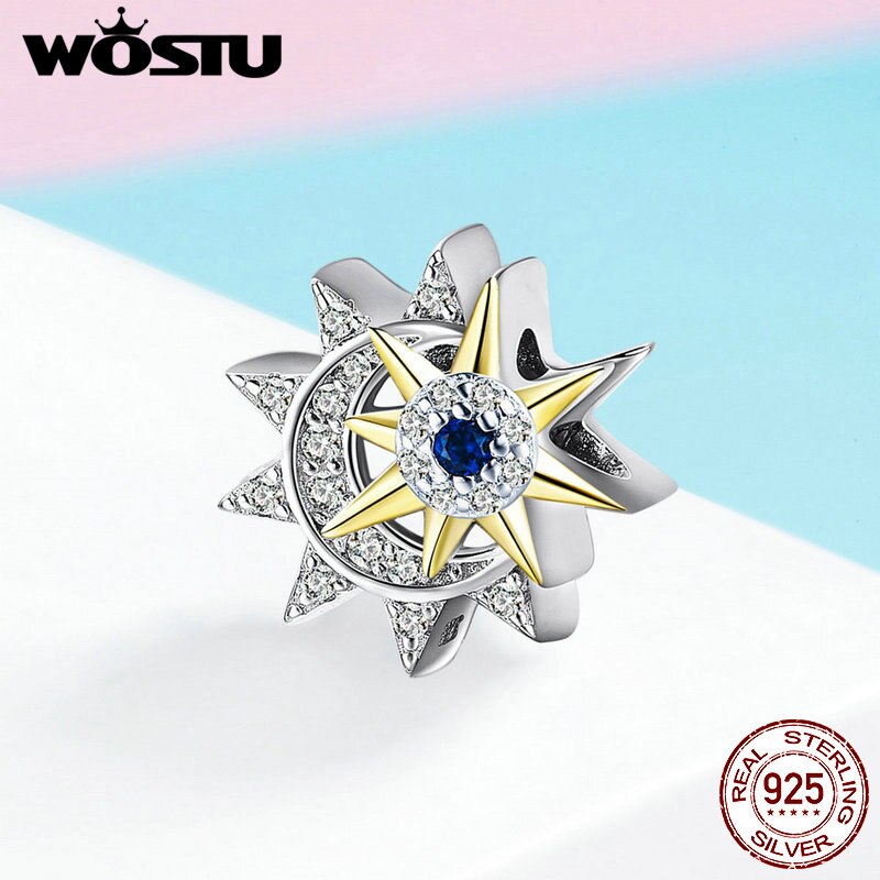 WOSTU 100% 925 Sterling Silver Sun &amp; Moon Charms Clear Zircon Bead Fit Original Bracelet Bangle Pendant Jewelry Making CQC1137