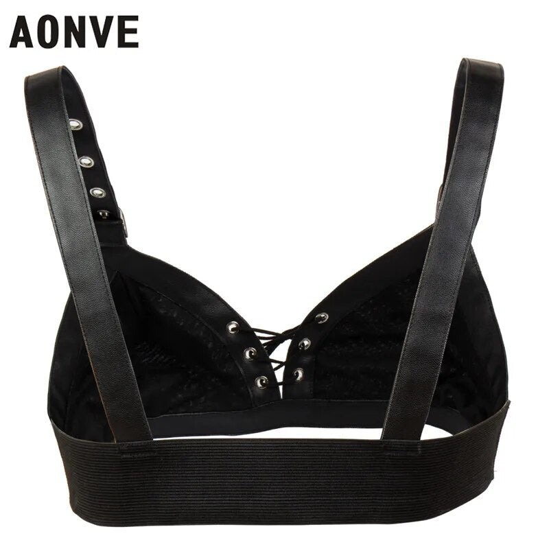 Aonve Steampunk Corset Bra Women Punk Goth Accessories Sexy Gothic Bustier Top Female Black Cotton And Faux Leather Bralette