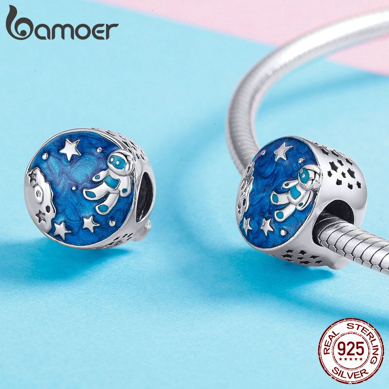 BAMOER Blue Enamel Round Beads Silver 925 Space Galaxy Astronaut Charm fit for European Fashion Brand Bracelet 3mm SCC1148