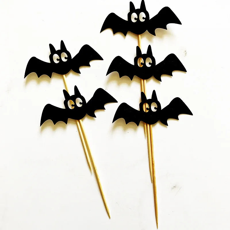 5Pcs Black Bats Halloween Cupcake Toppers Cake Inserted Card For Kids Birthday Cake Decor Halloween Supplies Photo Props