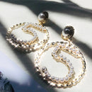 Fashion High Quality Brand Women Earring Jewelry Simple Pearl Number 5 Big Circle Part Model Earrings Black Ribbon Weaves