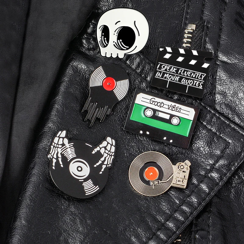 Punk Music Lovers Pin Skeleton DJing Vinyl Record Player Enamel Pin Badge Tape Lapel Pins Brooches Shirt Bag Cool Gothic Jewelry
