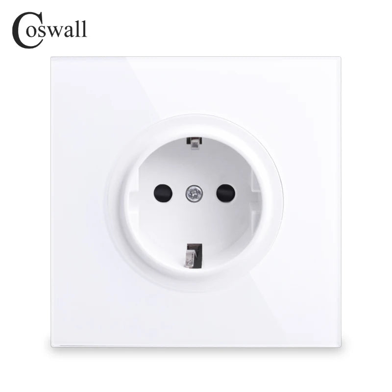 Coswall Pure Glass Frame EU Russia Spain Wall Power Socket Outlet Grounded With Child Protective Lock White Black Grey Gold