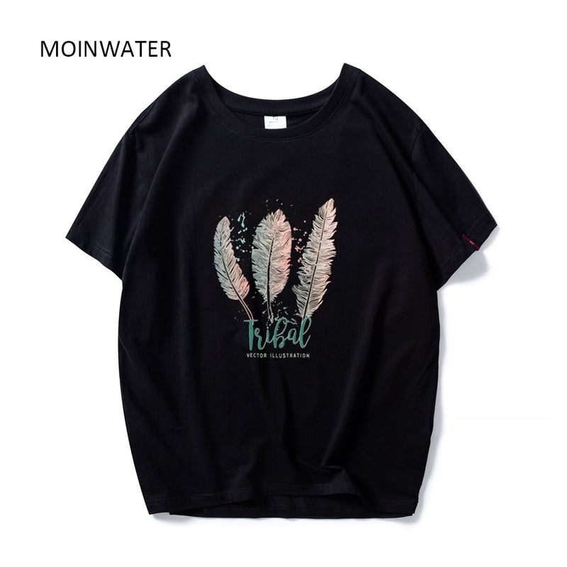 MOINWATER New Women Casual Summer T shirts Fashion Lady 100% Cotton White Tees Short Sleeve Black T shirt Tops for Woman MT1904