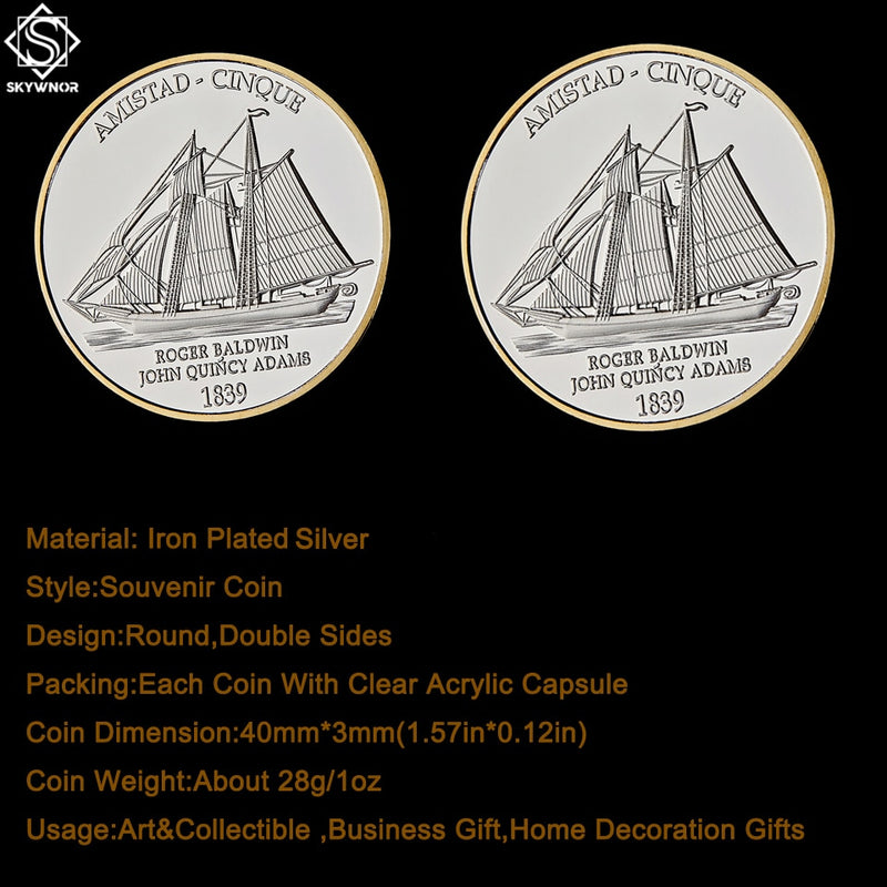 1839 American Civil War Boat Amistad Anniversary Gold &amp; Silver USA Challenge Coin Collectibles