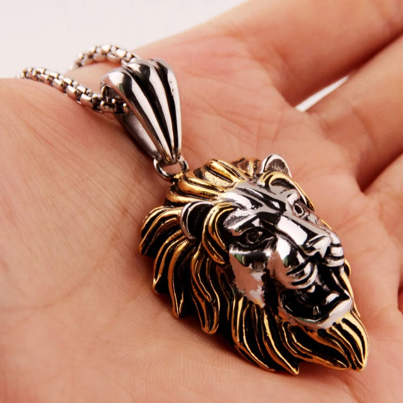 Cool Trendy Stainless Steel Silver Color Gold Color Black Tone Lion Head Pendant Necklace Mens Unisexs Box Chain24"Wholesale New