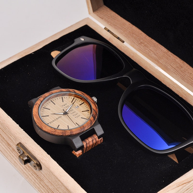 BOBO BIRD Classic Men Custom Wood Watch and Wooden Sunglasses Suit Present Box Gift Set for Dad Fathers Day