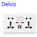 Delviz Wandsteckdose Universal 5-Loch, 2.1A Dual-USB-Ladeanschluss, 146mm*86mm, LED-Anzeige, UK Standard USB-Steckdose mit Schalter