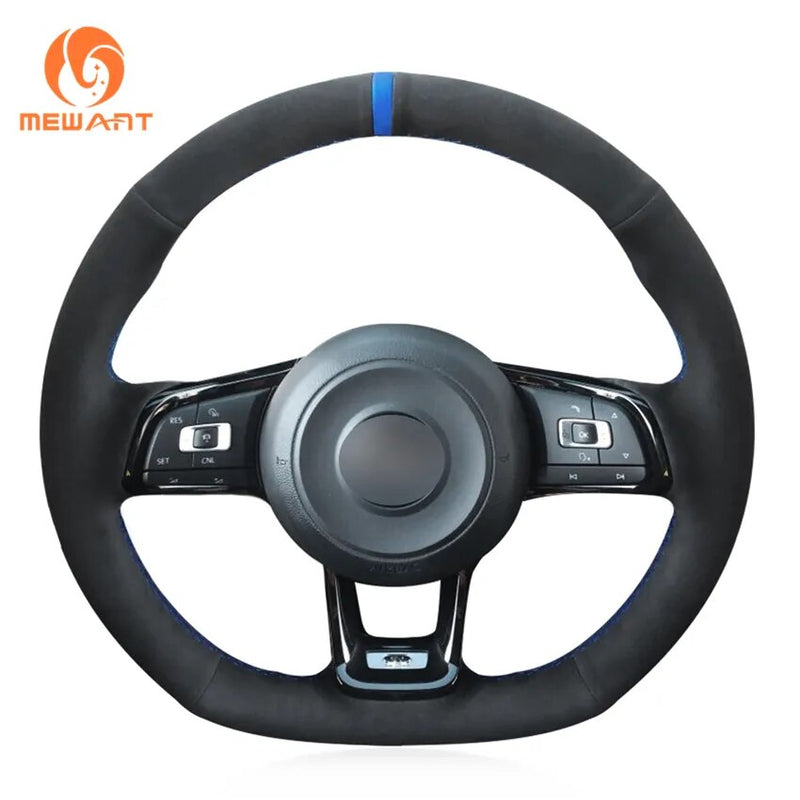 MEWANT Black Genuine Leather Hand Sew Steering Wheel Cover for Volkswagen VW Golf GTI 7 GTD GTE 7 R 7 Polo (R-Line) 2013-2021