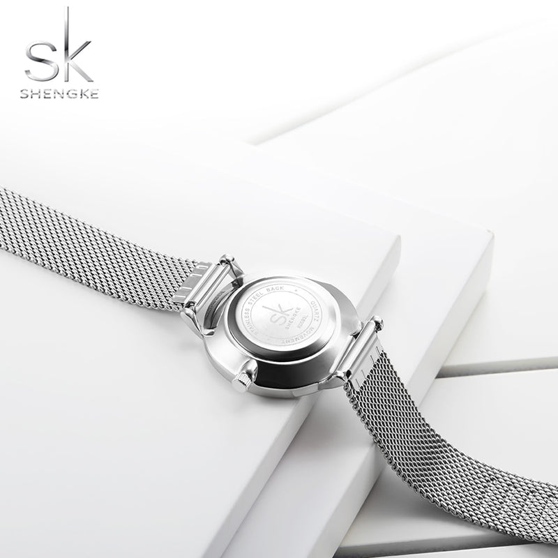 Shengke Women Silver Quartz Watch for Female Top Luxury Brand Quartz Watch Women's Mesh Band Fashion Reloj Mujer 2022 New Clock