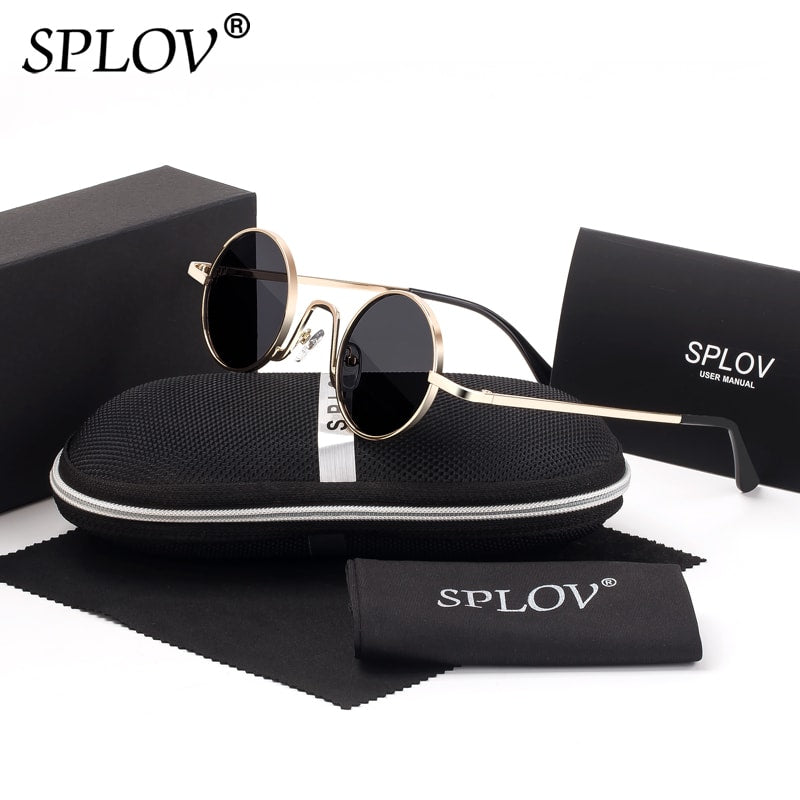 SPLOV Vintage Rap Sunglasses Men Women Steam Punk Style Hip-Hop Small Round Metal Frame Eyewear Retro Gafas De Sol With Case