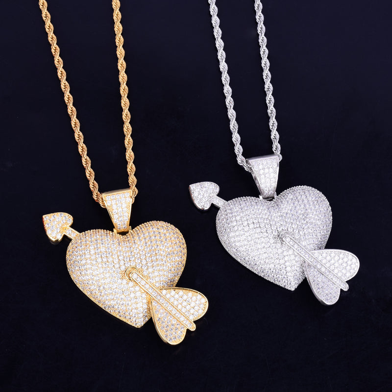 Heart Arrow Pendant Necklace Gold Color AAA Cubic Zircon Men's Hip Hop Rock Jewelry