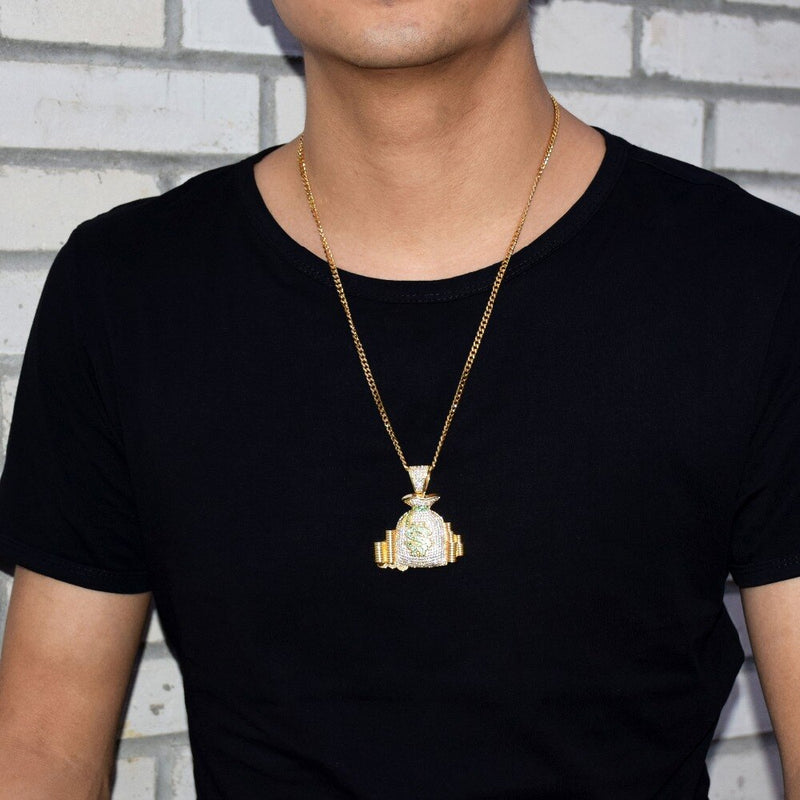 Money Bag Pendant Necklace Gold Color Cubic Zircon Men&