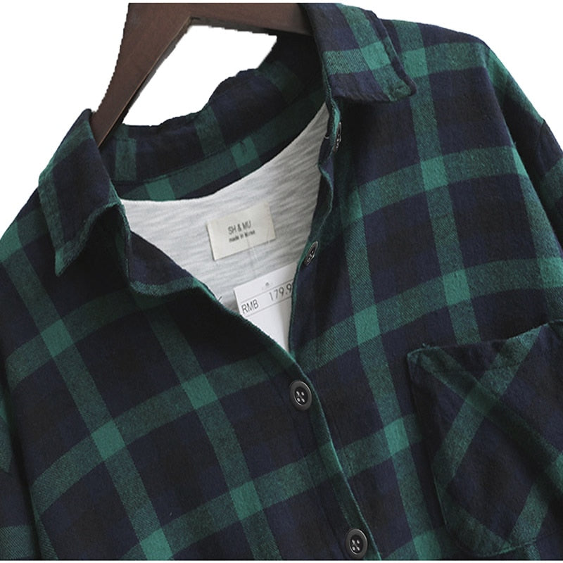 Women Blouse Shirt Loose Casual Plaid Shirts Long Sleeve Large Size Tops Womens Blouses Red Green 2021