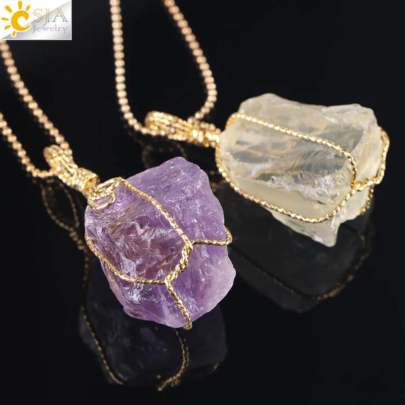 CSJA Suspension Multi Colors Drop Quartz Pendant Necklaces Gold Color Beaded Chain Crystal Women Jewelry Natural Gem Stone E154