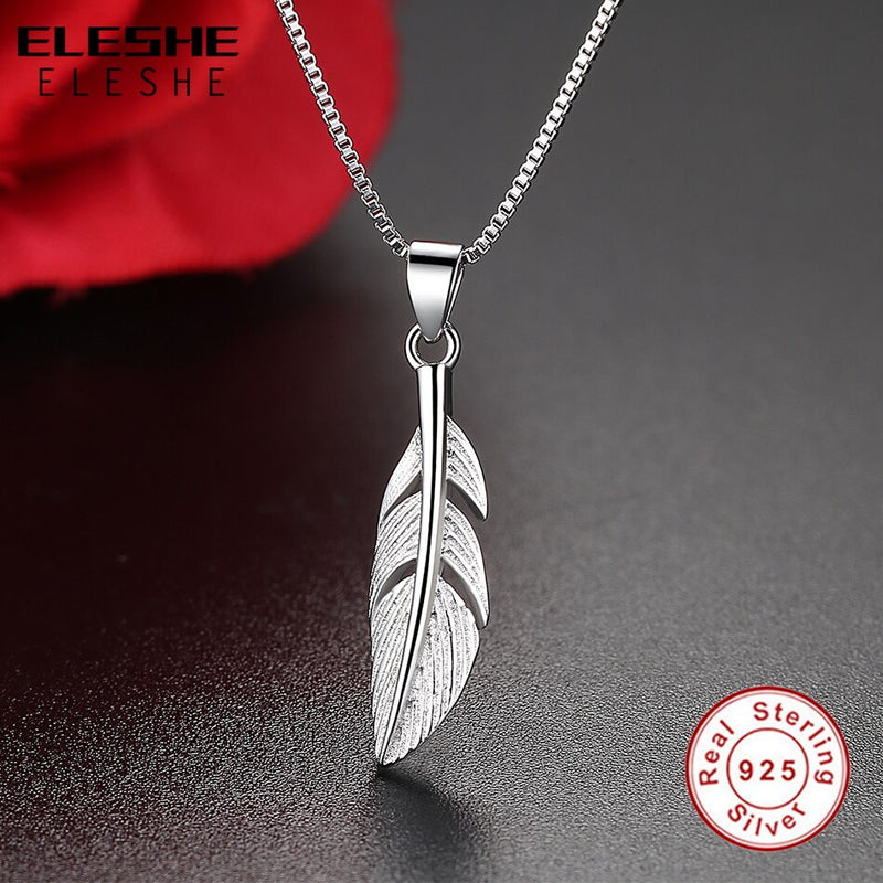 ELESHE  925 Sterling Silver Feather Necklace For Women Necklaces Pendants Fashion Chain Necklace Women Accessories Jewelry