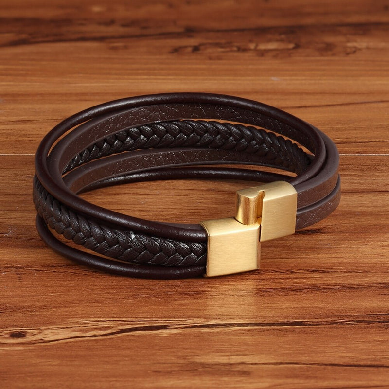 TYO Stainless Steel Top Quality Jewelry Male Black/Brwon Leather Bracelet Men Braided Multilayer Fashion Punk Wholesale