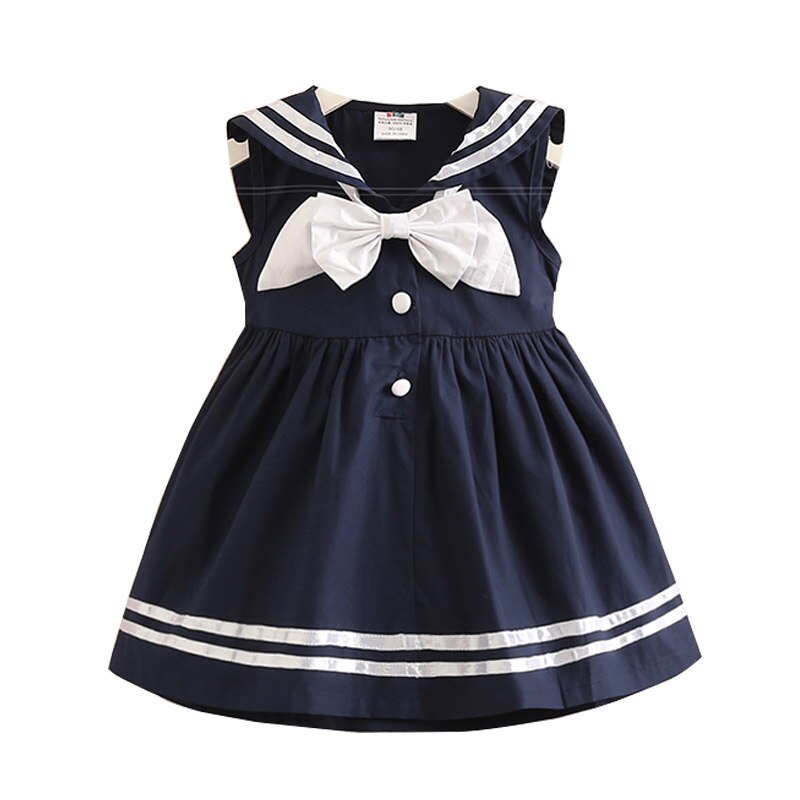 2023 Summer 2-10T Years Children Sweet Sleeveless Bow Sailor Collar Navy Blue White Patchwork Little Kids Girls Navy Vest Dress