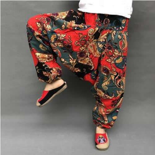 Baggy Harem Pants Women Causal Print Hippie Joggers Cross-Pants Loose Trousers Aladdin Lantern Wide Leg Cotton Linen Pants Plus