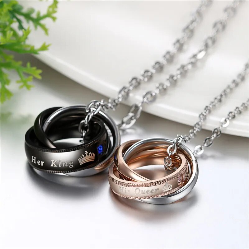 Boniskiss "Her King"&"His Queen"Lovers Necklace Pendant Fashion Romantic Stainless Steel Couples For Wedding Women/Men Jewelry