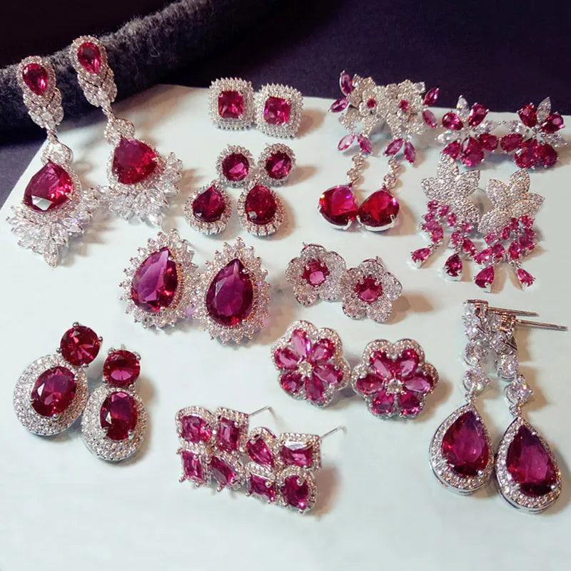 Fashion Geometric Rose Red Crystal stone Long Drop Earrings Square Oval Cubic Zirconia women Party Weddings Hanging Earrings