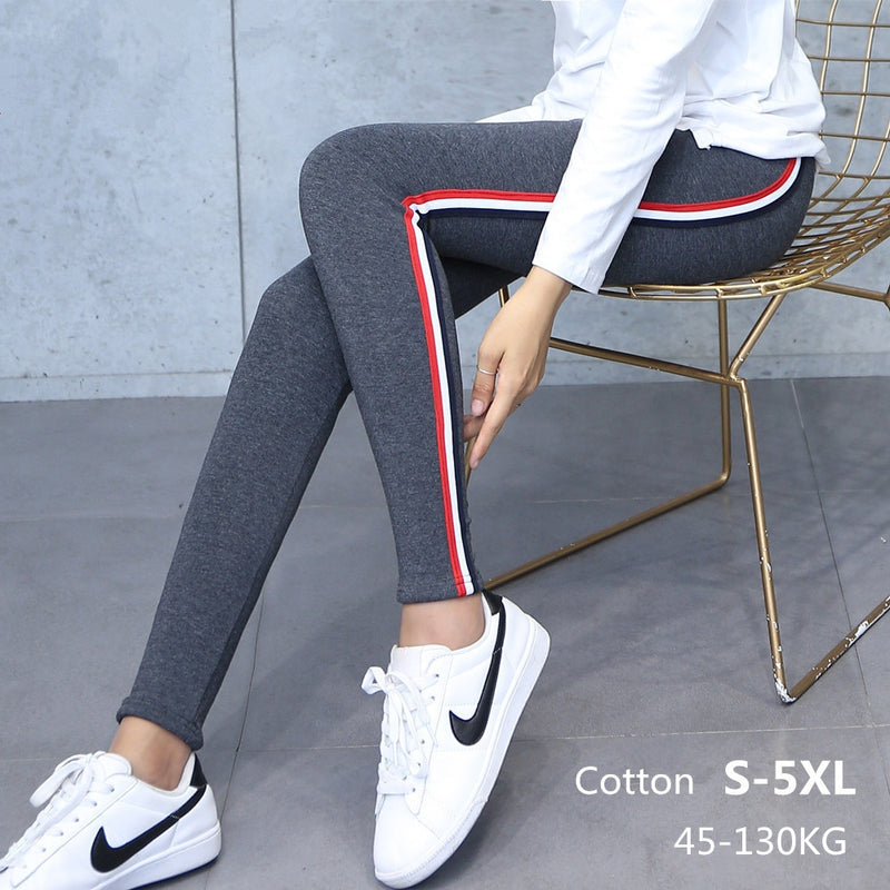 High Quality Cotton Leggings Side stripes Women Casual Legging Pant Plus Size 5XL High Waist Fitness Leggins Plump Female