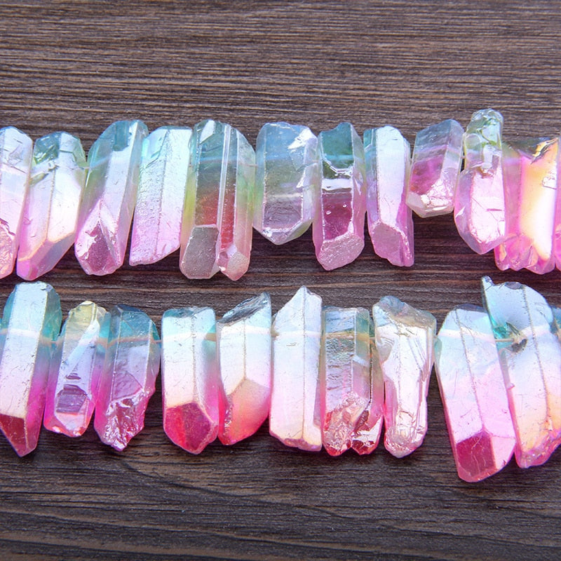 Titanium Natural Top Drilled Raw Crystal Quartz Points Beads Charm 15.5&quot; Strand Rainbow Crystal Stick Pendant DIY Jewelry Making