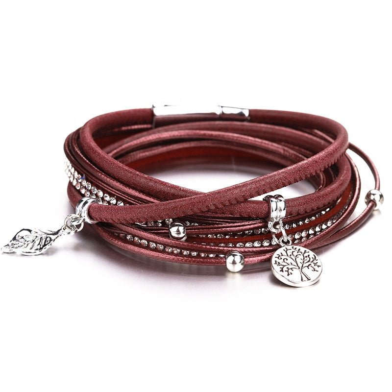 Amorcome Vinatge Tree of Life Charm Leather Bracelets for Women Boho Rhinestones Double Wrap Bracelets &amp; Bangles Female Jewelry