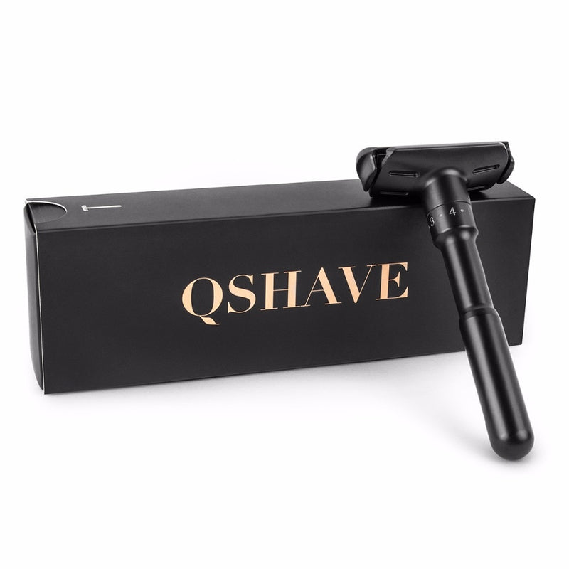 QShave Luxurious Black Adjustable Safety Razor Can Design Name on It Classic Stand Safety Razor Men Shaving 5 Gift Blades