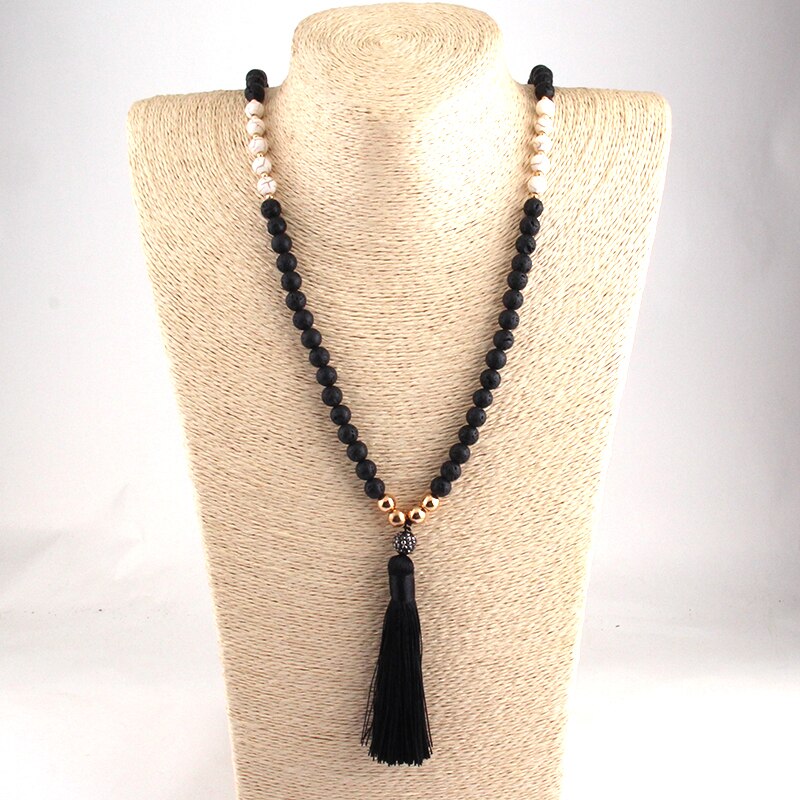 Free Shipping Fashion Black Lava Stones Bohemian Tribal Jewelry Long Black Tassel Necklace For Women