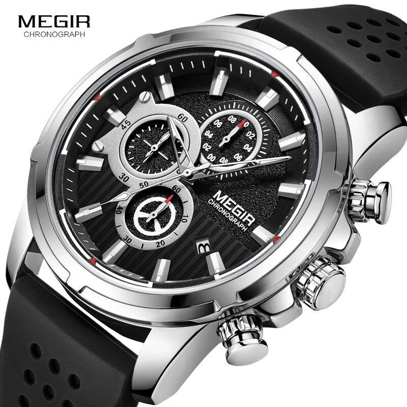 MEGIR Army Sports Quartz Watches Men Chronograph Silicone Strap Wristwatch Luxury Top Brand Relogios Mascuoino Clock 2101 Silver