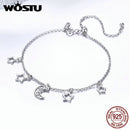 WOSTU Hot Sale Real 925 Sterling Silver Stars & Moon Chain Adjustable Bracelet For Women Girl S925 Silver Jewelry Gift CQB107