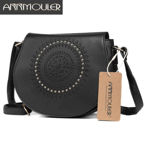 Annmouler Vintage Umhängetasche Pu-Leder Damen Schultertasche Blumen Prägung Nieten Messenger Bag für Mädchen Kleine Handtasche