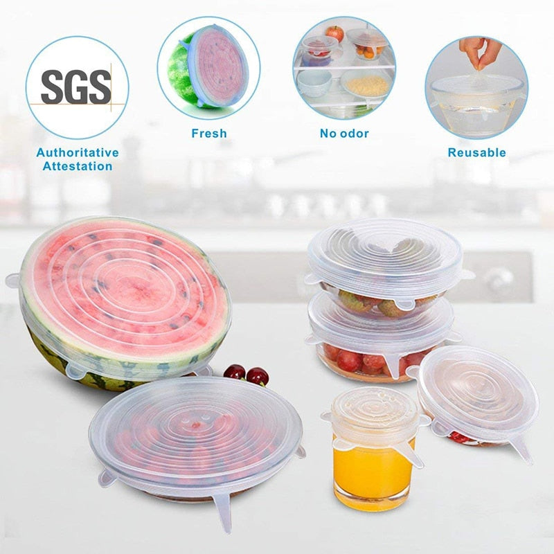 6 Pcs Silicone Stretch Lids Reusable Airtight Food Wrap Covers Keeping Fresh Seal Bowl Stretchy Wrap Cover Kitchen Cookware