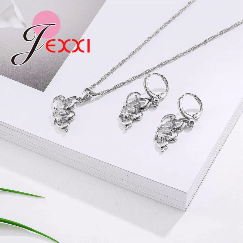 925 Sterling Silver Jewelry Sets for Women Wedding Necklace Pendant Hoop Earrings Elegant Cubic Zirconia Butterfly