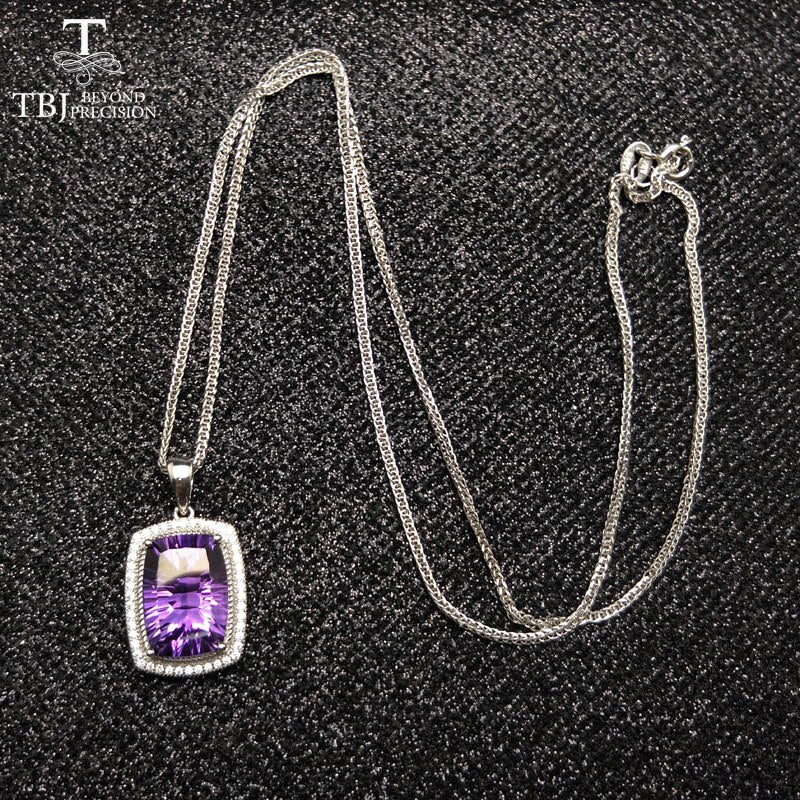 TBJ,Simple design necklace natural amethyst cushion 10*14 6ct gemstone pendant with chains in 925 silver jewelry with gift box